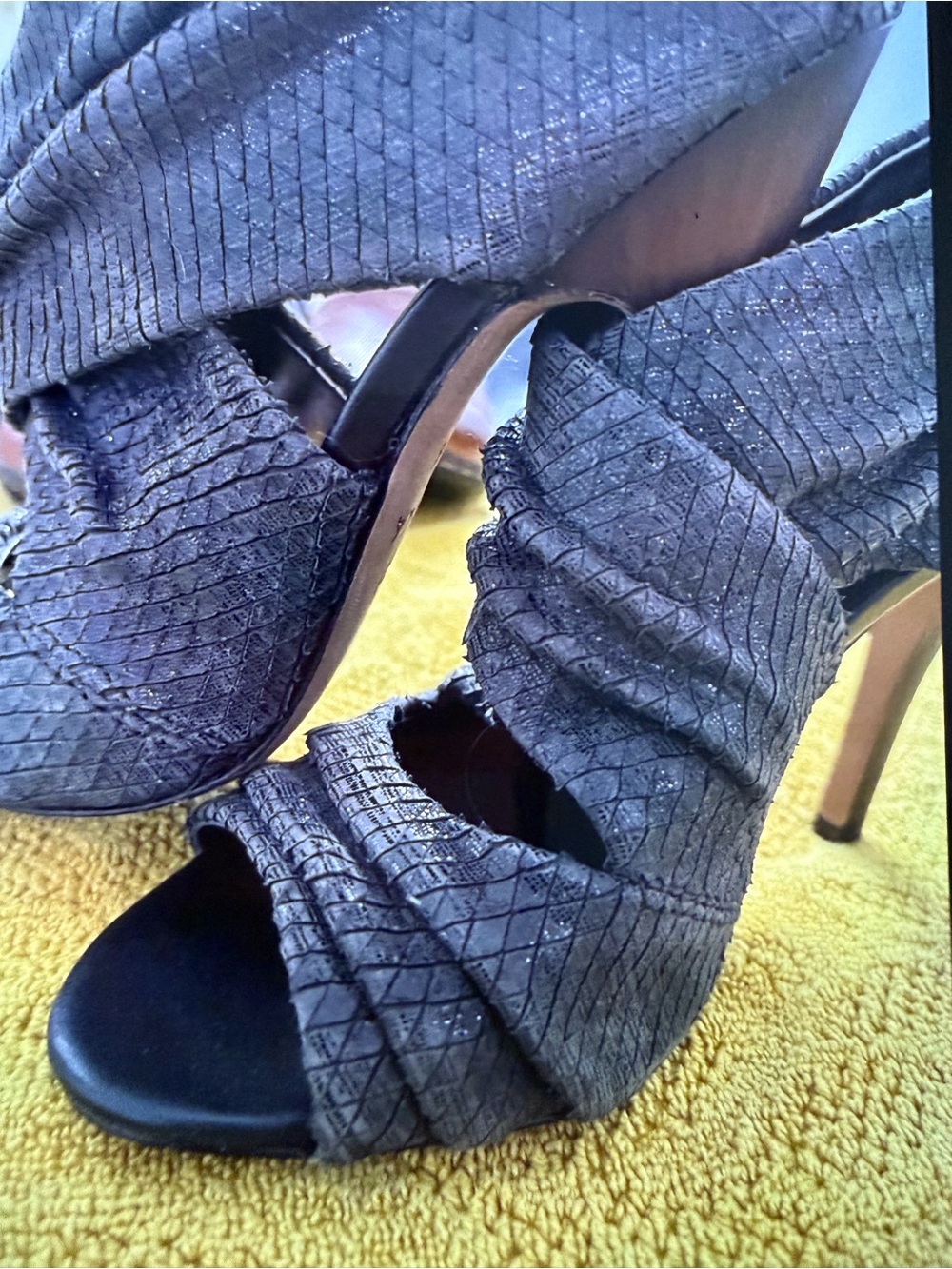 Isola Gunmetal Ruched Open-Toe Stiletto Heels